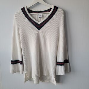 Cabi womens Faye Lace Bell Sleeve V-Neck White Sweater size S ivy league